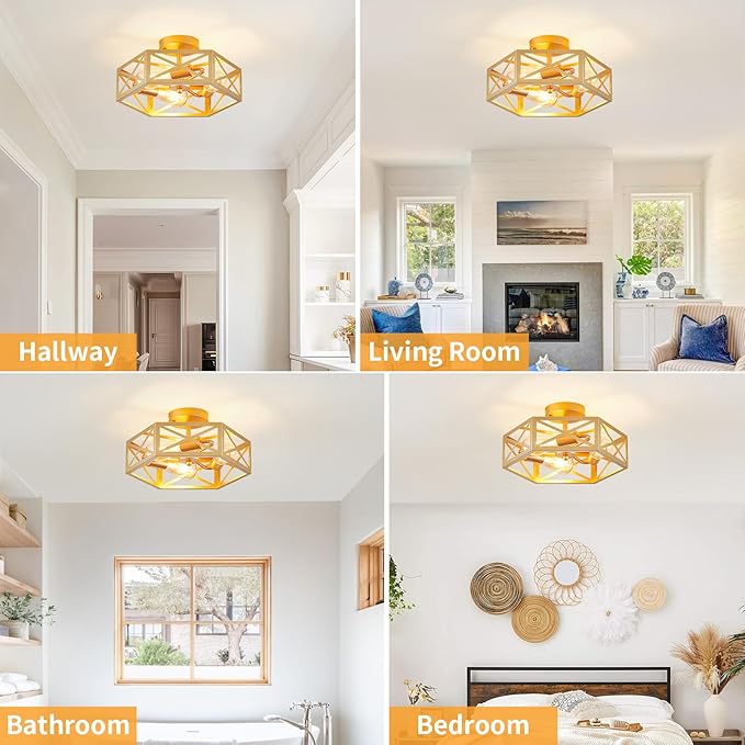 Flush Mount Ceiling Light, Gold Light Fixtures Ceiling Mount, 3 Light Modern Close to Ceiling Light Fixture with Metal Hexagon Cage Brass Lights for Kitchen, Hallway, Bathroom