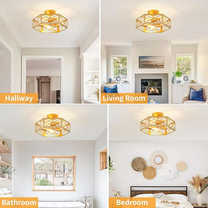 Flush Mount Ceiling Light, Gold Light Fixtures Ceiling Mount, 3 Light Modern Close to Ceiling Light Fixture with Metal Hexagon Cage Brass Lights for Kitchen, Hallway, Bathroom