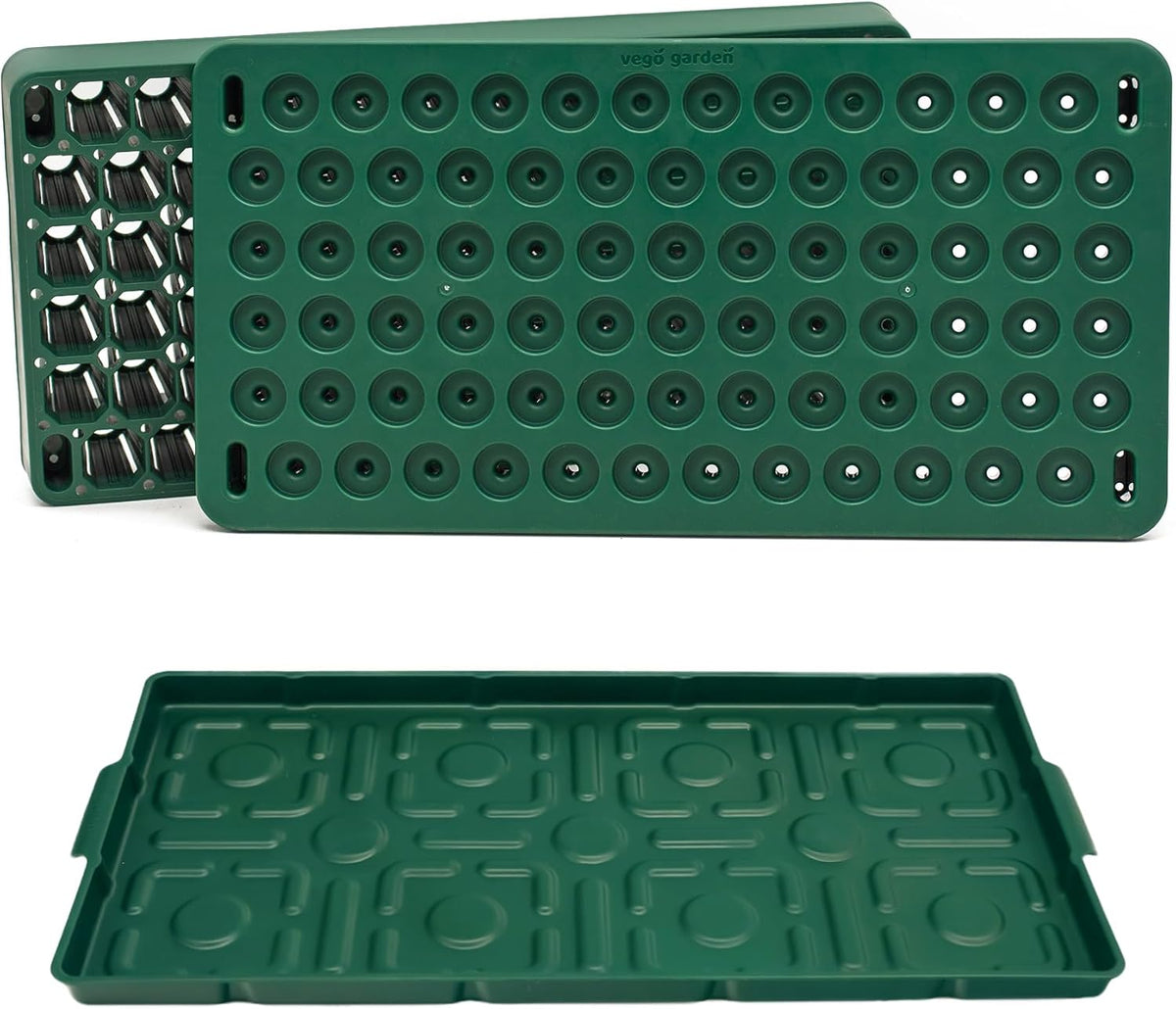 Vego garden Seedling Suite Products 10" x 20" 76 Cells Stackable Seed Starter Germination Tray with 3-in-1 Plant & Pop Board and 10" x 20" Bottom Watering Tray