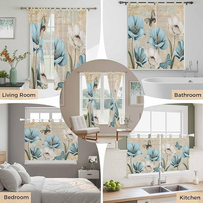Spring Flowers Living Room Curtains 96 Inch Length, Window Curtains Tab Top, Vintage Rustic Tulips Floral Butterfly Khaki Light Filtering Window Treatments Drapes 52"x96" 2 Panel