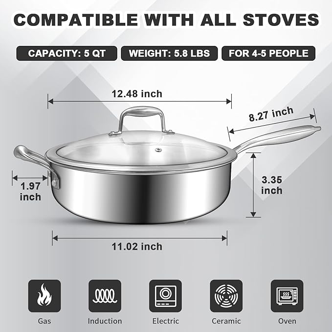 EWFEN 12 Inch Tri-Ply Stainless Steel Frying Pan, 5-Quart Deep Saute Pan with lids, PFOA&PTFE Free Skillet, Induction Cooking Pan, Dishwasher&Oven Safe,Works on All Cooktops