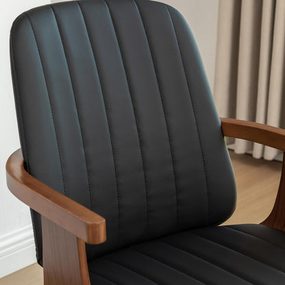 WUPOTO Swivel Dining Chairs, Set of 4 Kitchen Swivel Chairs with Walnut Craftsmanship, Upholstered Faux Leather, Wooden Arms and Legs, Walnut Dining Chairs for Kitchen/Living Room - Black