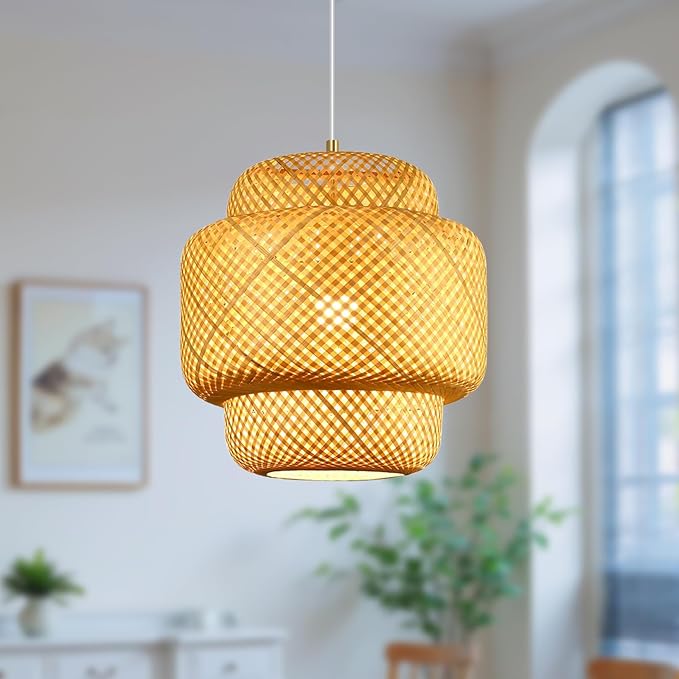 15.7inch Bamboo Pendant Light, Boho Chandelier Hand-Woven Wicker Rattan Hanging Ceiling Lighting, Rustic Farmhouse Pendant Lamp for Kitchen Island, Dining Room, Bedroom, Living Room, Foyer