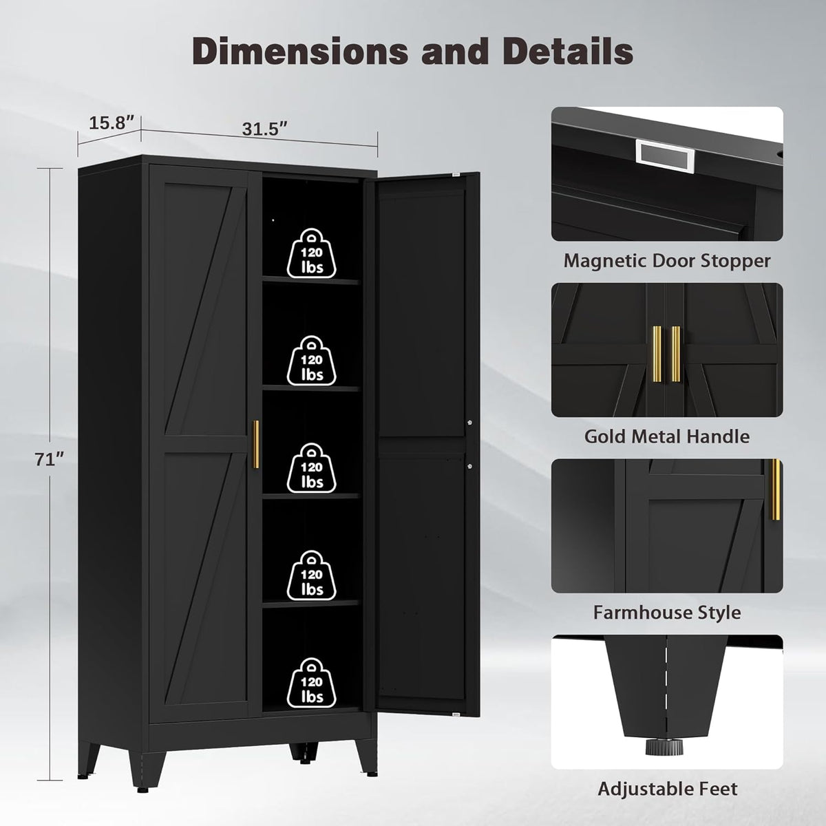 71" Tall Metal Pantry Cabinet, Kitchen Storage Cabinet with 2 Doors and 4 Adjustable Shelves for Kitchen, Living Room, Dining Room, Bathroom and Home, Office (Black, 1PC)