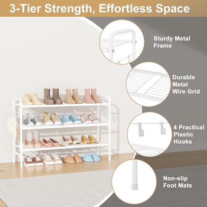 3 Tier Shoe Rack 33" Wide Metal Shoe Organizer Long Shoe Storage with 4 Side Hooks Sturdy Shoes Shelf for Front Door Entrance, Closet, Garage, Dorm, White