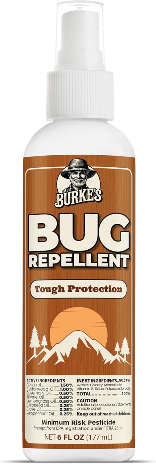 Burke’s Bug Repellent Spray – DEET-Free, Kid & Pet Safe Insect Repellent for Mosquitoes, Ticks, and Gnats – Travel Size, Natural Essential Oils, Outdoor Protection, 6 oz (180mL)