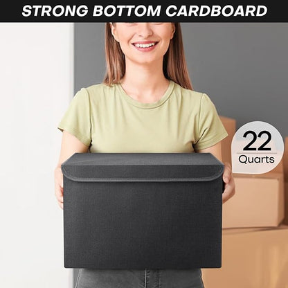Large 22 Quart Linen Fabric Foldable Storage Bin Cube Organizer Basket with Flip-Top Lid & Handles, Clothes Blanket Box for Home, Office, Closet, Black, 4 Pack 14.6 x 9.5 x 9.5”