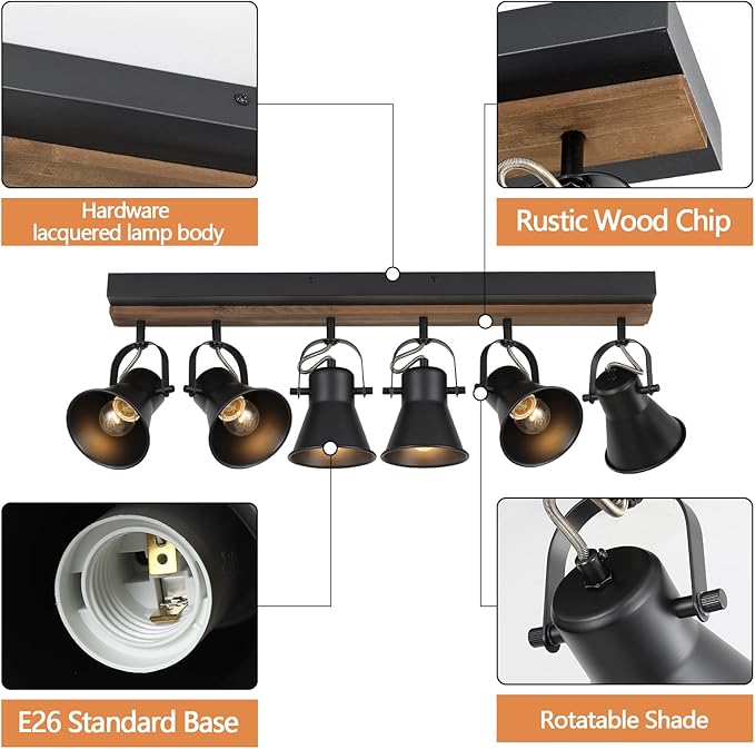 SEEBLEN 6-Light Track Light Fixtures Ceiling/Wall Mount, Adjustable Spotlight, Industrial Black Kitchen Lighting for Living Room, Dining Room, Hallway, Bathroom