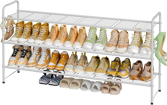 3 Tier Shoe Rack for Closet, 46.5 Inch Extra Long Shoe Storage Organizer for Shelves, Heavy Duty Metal, Easy Assembly, White