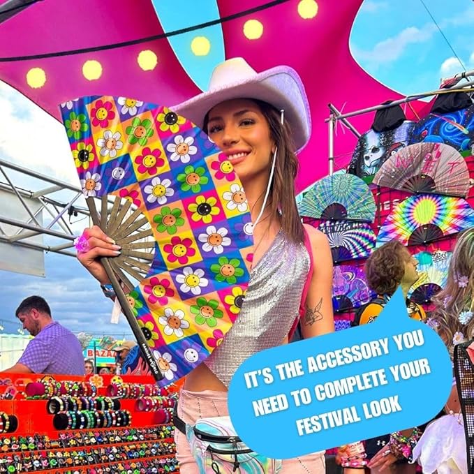 Kandies World Custom Festival Folding Hand Fan - Unique Designs, Made of Bamboo, Clacking Sound, Lightweight - Perfect Rave and Festival Accessory!
