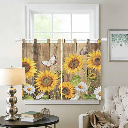 Farmhouse Sunflowers Kitchen Curtains 45 Inch Length, Short Cafe Window Curtains Tab Top, Rustic Floral Buttterfly Wood Board Brown Light Filtering Window Treatments Tier Drapes 27.5"x45" 2 Panel