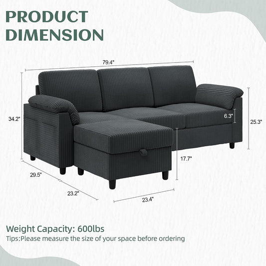 Vongrasig 79" Convertible Sectional Couches Sofa with Storage Ottoman, 3 Seat L Shaped Couch with Side Storage Pockage, Small Couches for Living Room, Apartment and Small Space, Grey