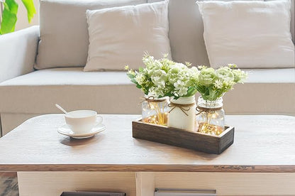 Mkono Mason Jar Lights Centerpiece Table Decorations for Dining Room Farmhouse Coffee Table Decor Wood Tray with 3 Jars Flowers for Kitchen Living Dining Room (Light Green)
