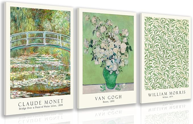 FASWQ Framed Monet Van Gogh William Morris Wall Art, Grass Botanical Wall Decor, Mid Century Impressionist Canvas Paintings, Modern Green Landscape Poster Print for Living Room Bedroom 12"x16"x3