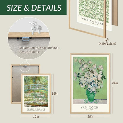 FASWQ Wood Framed Monet Van Gogh William Morris Wall Art, Grass Botanical Wall Decor, Mid Century Impressionist Canvas Paintings, Modern Green Landscape Poster Print for Living Room Bedroom 12"x16"x3