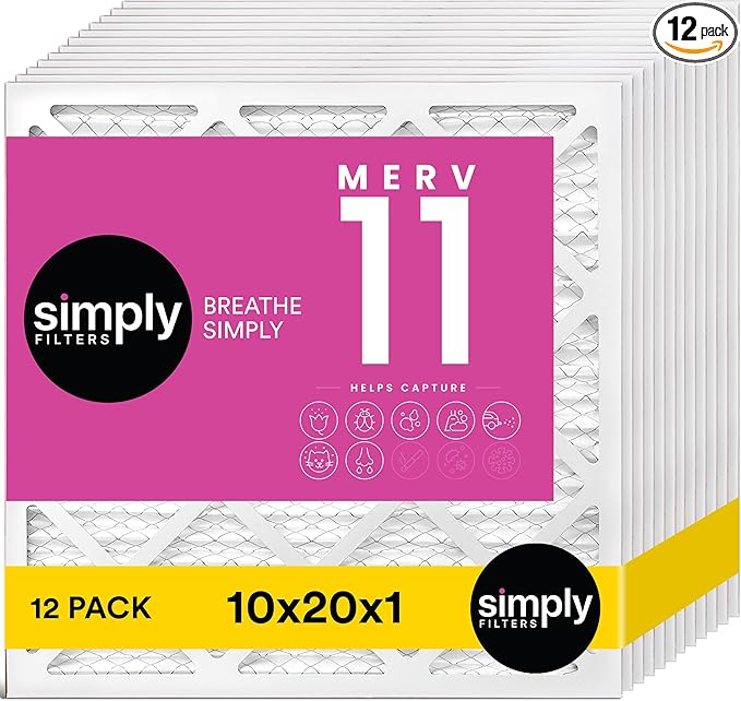 Simply 10x20x1 Air Filter, Merv 11, 12 Pack, For Home AC Furnace & HVAC (Actual Size: 9.75"x19.75"x0.75") DUST, Pet, & Allergy Control
