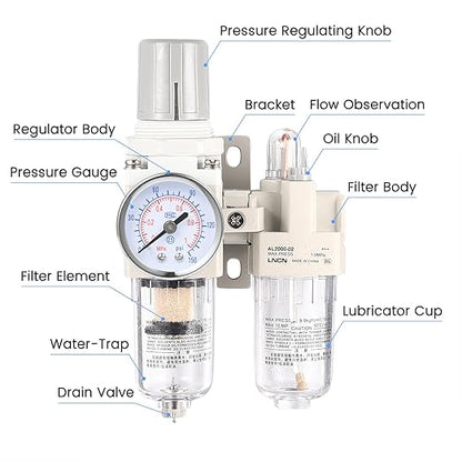 1/4 Inch NPT Compressed Air Filter Air Pressure Regulator Water-Oil Separator Trap Filter with Lubricator Cup