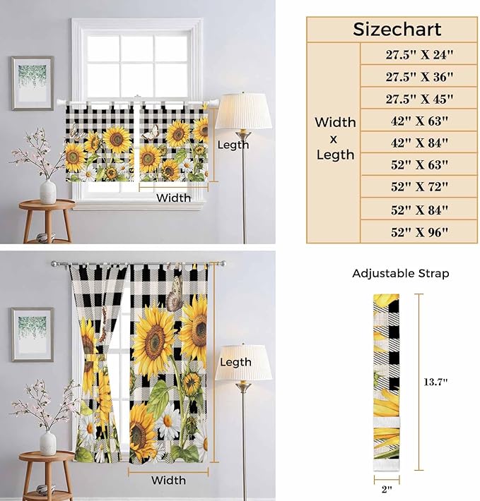 Sunflowers Living Room Curtains 84 Inch Length, Window Curtains Tab Top, Yellow Flowers Butterfly Farmhouse Black Plaid Light Filtering Window Treatments Drapes 42"x84" 2 Panel