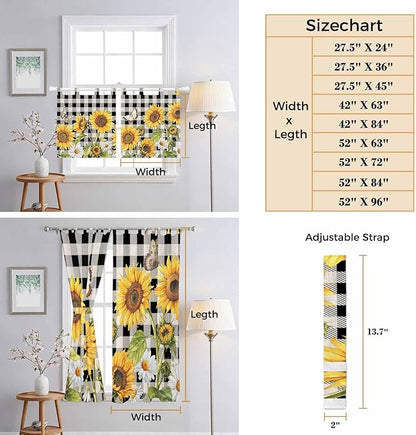 Sunflowers Living Room Curtains 84 Inch Length, Window Curtains Tab Top, Yellow Flowers Butterfly Farmhouse Black Plaid Light Filtering Window Treatments Drapes 42"x84" 2 Panel
