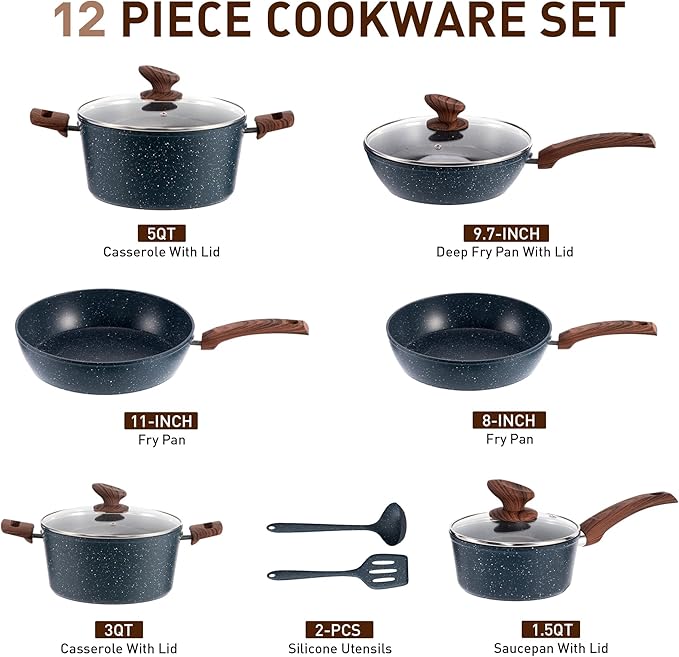 DisDelight Pots and Pans Set Non Stick, Nonstick Induction Granite Kitchen Cookware Sets, Induction Nonstick Granite Cooking Set, Induction Cookware Cooking Pan Set, Pan Sets for Cooking, Blue