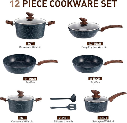 DisDelight Pots and Pans Set Non Stick, Nonstick Induction Granite Kitchen Cookware Sets, Induction Nonstick Granite Cooking Set, Induction Cookware Cooking Pan Set, Pan Sets for Cooking, Blue