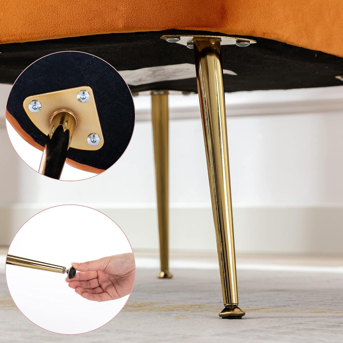 Velvet Accent Chairs Set of 2 for Comfy Living Room Armless Slipper Chair Mid Century Side Chair Single Sofa with Golden Legs Wingback for Bedroom Guest Room, Orange