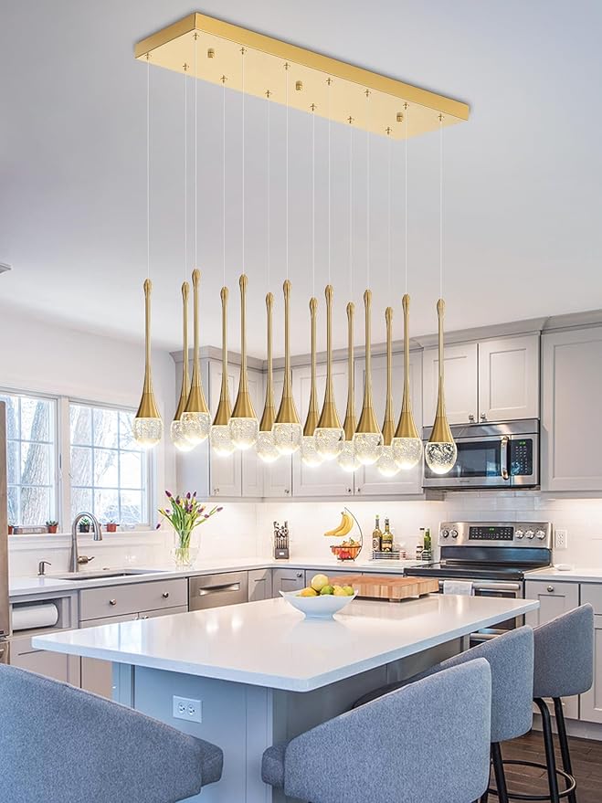 14-Light Modern LED Pendant Lighting Fixture for Kitchen Island Raindrop Crystal Chandelier Gold Chandelier for Dining Room High Ceiling Chandeliers for Staircase Foyer Hallway Villa