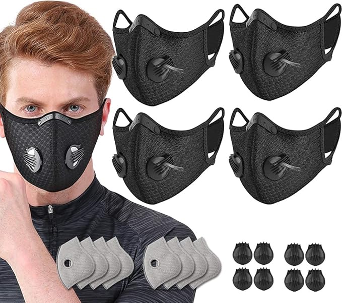 NBDIB 4 Pack Adjustable Reusable Face Protection with 8 Carbon Filters and 8 Valves for Cycling Sport Black