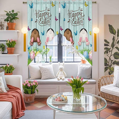 Swag Curtain Valances for Kitchen Windows,Happy Easter Bunny Butt Egg Floral Short Rod Pocket Window Valance,Spring Plant on Aqua Wood Swag Topper for Bedroom Living Room,2 Panels 36x36in