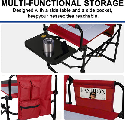 Romswi 2Pack Director Chairs for Outdoor, Folding Camping Chair, Compact Directors Chair Side Table and Side Bag, Heavy Duty Oversize Chair for Beach Fishing Picnic, Holds up to 400 lbs Red