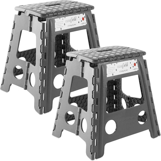 Casafield 16" Folding Step Stool with Handle (Set of 2), Gray - Portable Collapsible Small Plastic Foot Stool for Adults - Use in the Kitchen, Bathroom and Bedroom