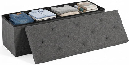 DUMOS 43 Inch Folding Storage Ottoman Bench, Upholstered Ottoman with Storage Holds 660 lbs, End of Bed Foot Rest Stool for Bedroom, Living Room, Entryway, Linen Fabric, Grey