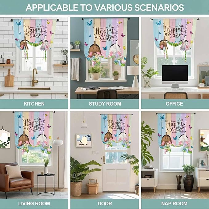 Tie Up Curtains,Happy Easter Rabbit Butt Egg on Daisy Leaf Adjustable Rod Pocket Window Shade Curtain Drape Bufferfly on Wood Barn Tie-Up Valance for Kitchen Bedroom Living Room Windows,42"x63"