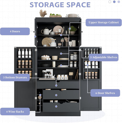 Tall Kitchen Pantry Cabinet with Adjustable Shelves, Modern Freestanding Cupboard with Door Shelves, Drawers and Wine Racks for Dining Room (Grey)