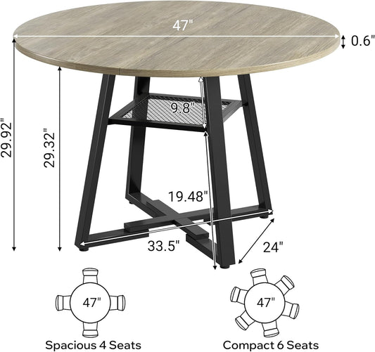 Round Dining Table for 4-6 People,47 Inch Dining Room Table,Modern Circle Kitchen Table with Storage Shelf and Metal Legs for Dining Room,Kitchen,Grey (Table Only)