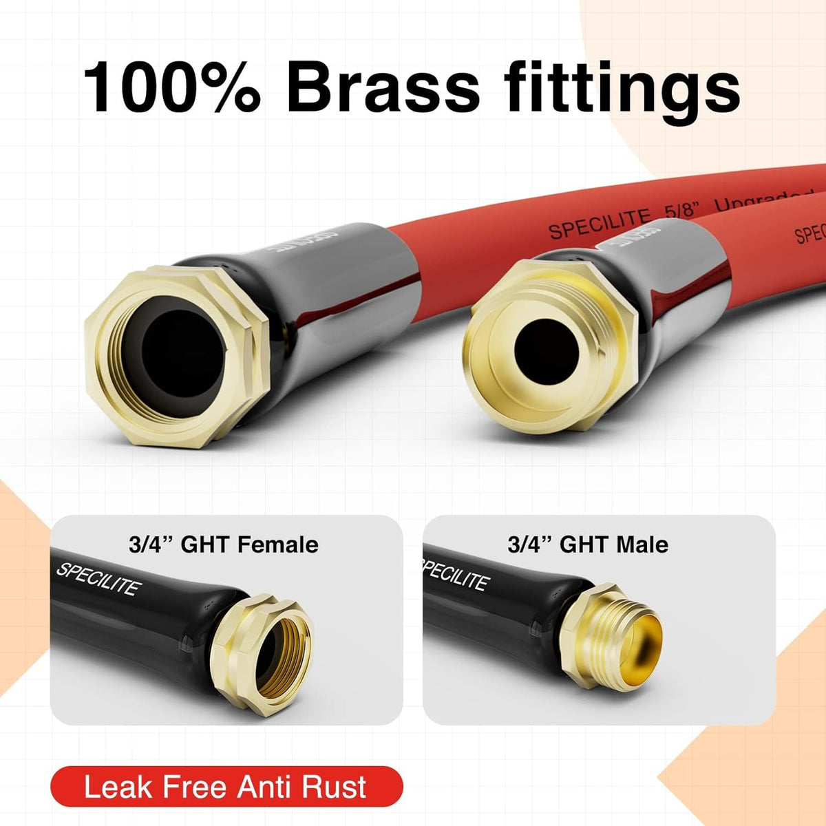 SPECILITE 5/8" Hot/Cold Garden Water Hose 125 ft, -50℉-190℉,Flexible & Lightweight With 3/4" Brass Fittings for Yard, Outdoor, Farm, Red