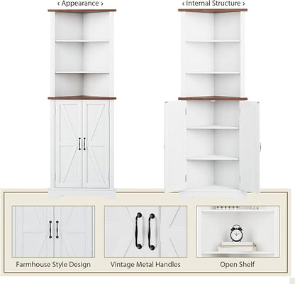 Smuxee Tall Corner Storage Cabinet, Farmhouse Corner Cabinet with Barn Door and Adjustable Shelf, White Freestanding Cabinet Organizer for Bathroom, Kitchen, Living Room