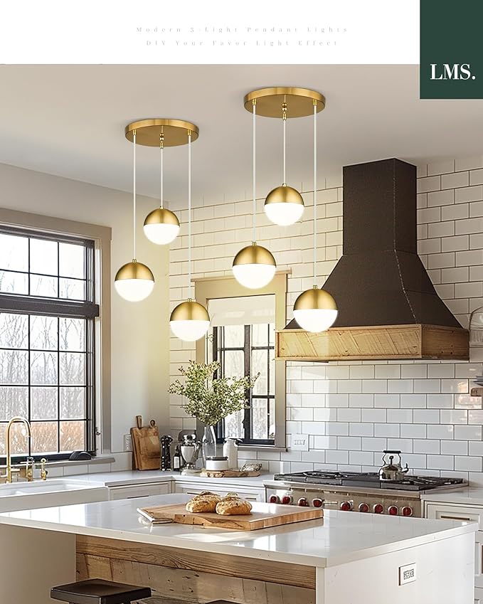 LMS Brushed Gold 3-Light Cluster Pendant Lights, Modern Kitchen Island Lighting with White Globe Glass Shade, Adjustable Hanging Cord Ceiling Light for Bathroom Bedroom Dining Room, LMS-186BG3
