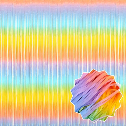 6 Pack Light Rainbow Foil Fringe Curtains Backdrop, 3.28 x 8.2 Ft Metallic Streamers Tinsel Curtains Background for Photo Booth, Birthday, Weddings, Carnivals, Graduation, Themed Party Decorations