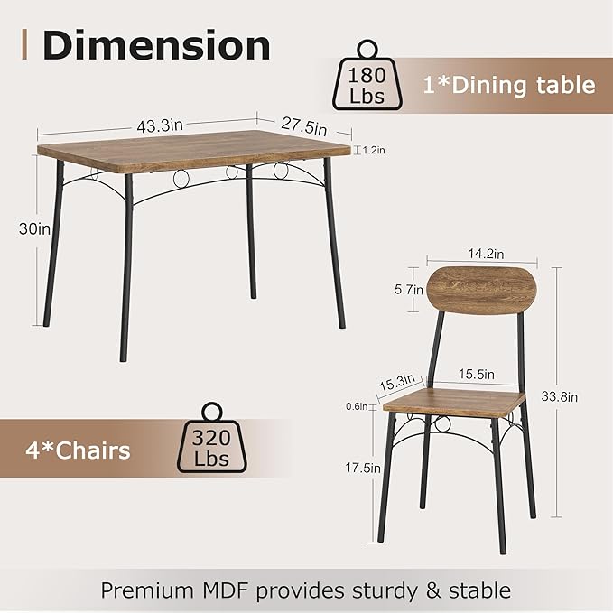 VECELO Dining Table Set for 4, 5-Piece Kitchen Table with 4 Chairs, MDF Board Tabletop with Metal Frame for Small Space, Compact Dinette, Breakfast Nook, Brown
