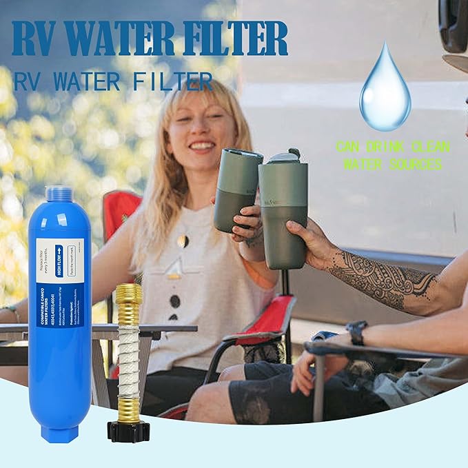 2 Pack RV Inline Water Filter with 2 Flexible Hose Protector, Reduce Bad Taste, Odors, Rust, Chlorine, Fluoride and Sediment in Drinking Water, Dedicated for RVs Campers Marines