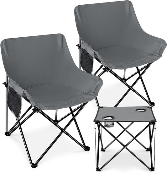 Leonyo Camping Chairs for Adults, 2 Pack Folding Lawn Chair & Table, Grey | Oversized & Portable Beach Chair for Outdoor Sports, Fishing, Rv Travel, Picnic