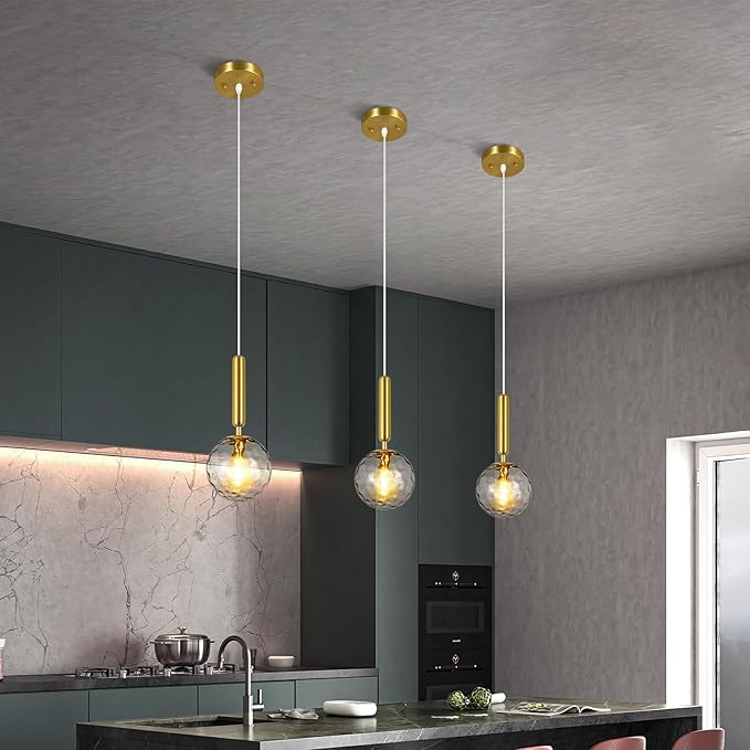 Modern Gold Pendant Light Hanging Fixture Light for Kitchen Island Mid Century with Globe Pendant Light Clear Glass Pendant Lighting for Living Room Bedroom Entryway (2 Pack)