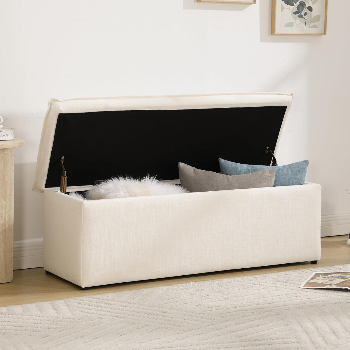 CIMOTA Storage Ottoman Bench, Upholstered End of Bed Storage Bench with Safety Hinge, Large Storage Chest with Seating, Modern Entryway Bench for Bedroom, Living Room, Linen Beige