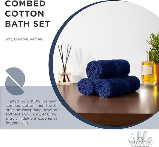 100% Combed Cotton Bathroom Towel Set of 10- 2 Bath Towels, 4 Hand Towels, 4 Wash Cloths, Sustainable, Soft, Highly Absorbent 10 Piece Cotton Bath Towel Set for Hotels, Spa, Bathroom, Dorm, Navy Blue