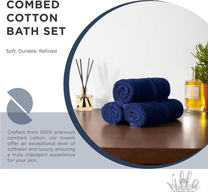 100% Combed Cotton Bathroom Towel Set of 8- 2 Bath Towels, 2 Hand Towels, 4 Wash Cloths, Sustainable, Soft, Highly Absorbent 8 Piece Cotton Bath Towel Set for Hotels, Spa, Bathroom, Dorm, Navy Blue