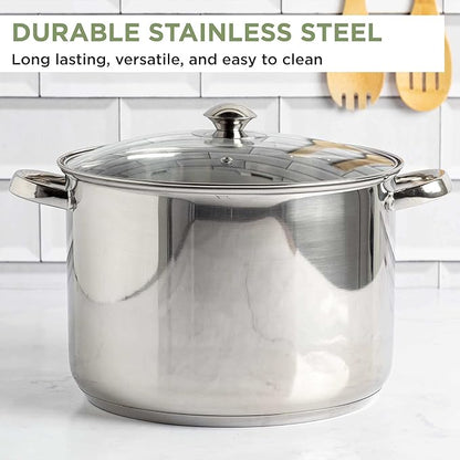 Ecolution Pure Intentions Stock Pot - Features Tempered Glass Lid, Stay-Cool Handles, and Encapsulated Bottom - Oven Safe - Curbside Recyclable Stainless Steel - 12 Quarts