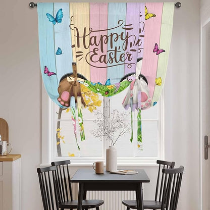 Tie Up Curtains,Happy Easter Rabbit Butt Egg on Daisy Leaf Adjustable Rod Pocket Window Shade Curtain Drape Bufferfly on Wood Barn Tie-Up Valance for Kitchen Bedroom Living Room Windows,52"x45"