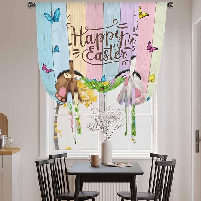 Tie Up Curtains,Happy Easter Rabbit Butt Egg on Daisy Leaf Adjustable Rod Pocket Window Shade Curtain Drape Bufferfly on Wood Barn Tie-Up Valance for Kitchen Bedroom Living Room Windows,42"x63"