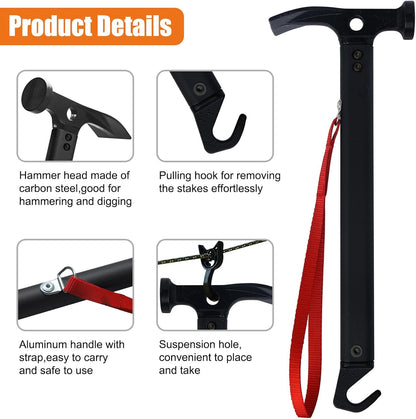 Eurmax USA Hiking Camping Tent Stakes and Hammer Set Lightweight Multi-Function Tent Hammer with Tent Stake Remover,Tent Pegs for Camping, Hiking, Backpacking, Gardening(Gold Stakes)